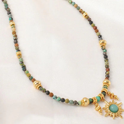 Vintage Colourful Beaded Necklace for Women with Turquoise Sun Pendant Fashion