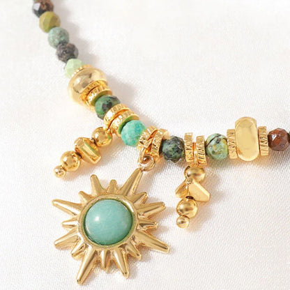 Vintage Colourful Beaded Necklace for Women with Turquoise Sun Pendant Fashion