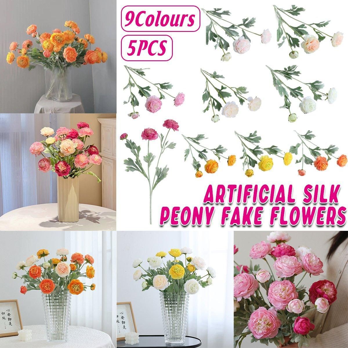 5pcs Artificial Peony Silk Flowers Bouquet Decor Faux Floral Arrangements - Champagne