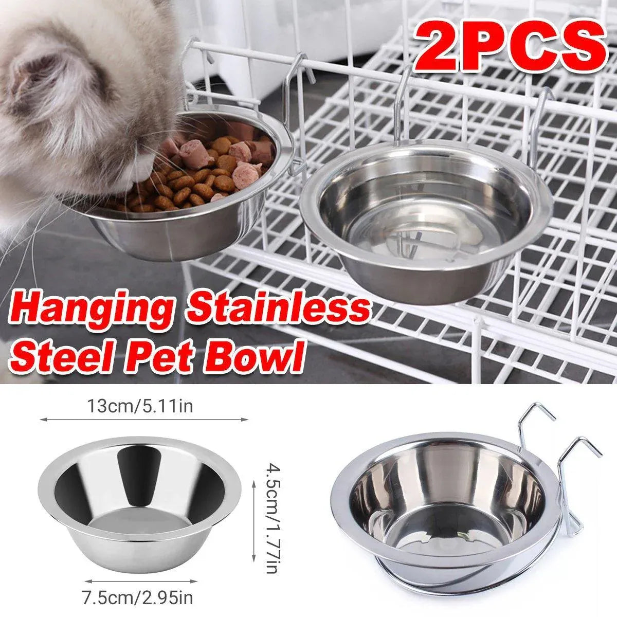 2PCS Pet Bowl Dog Food Cage Crate Water 13CM Hang-on Stainless Steel Metal Cat