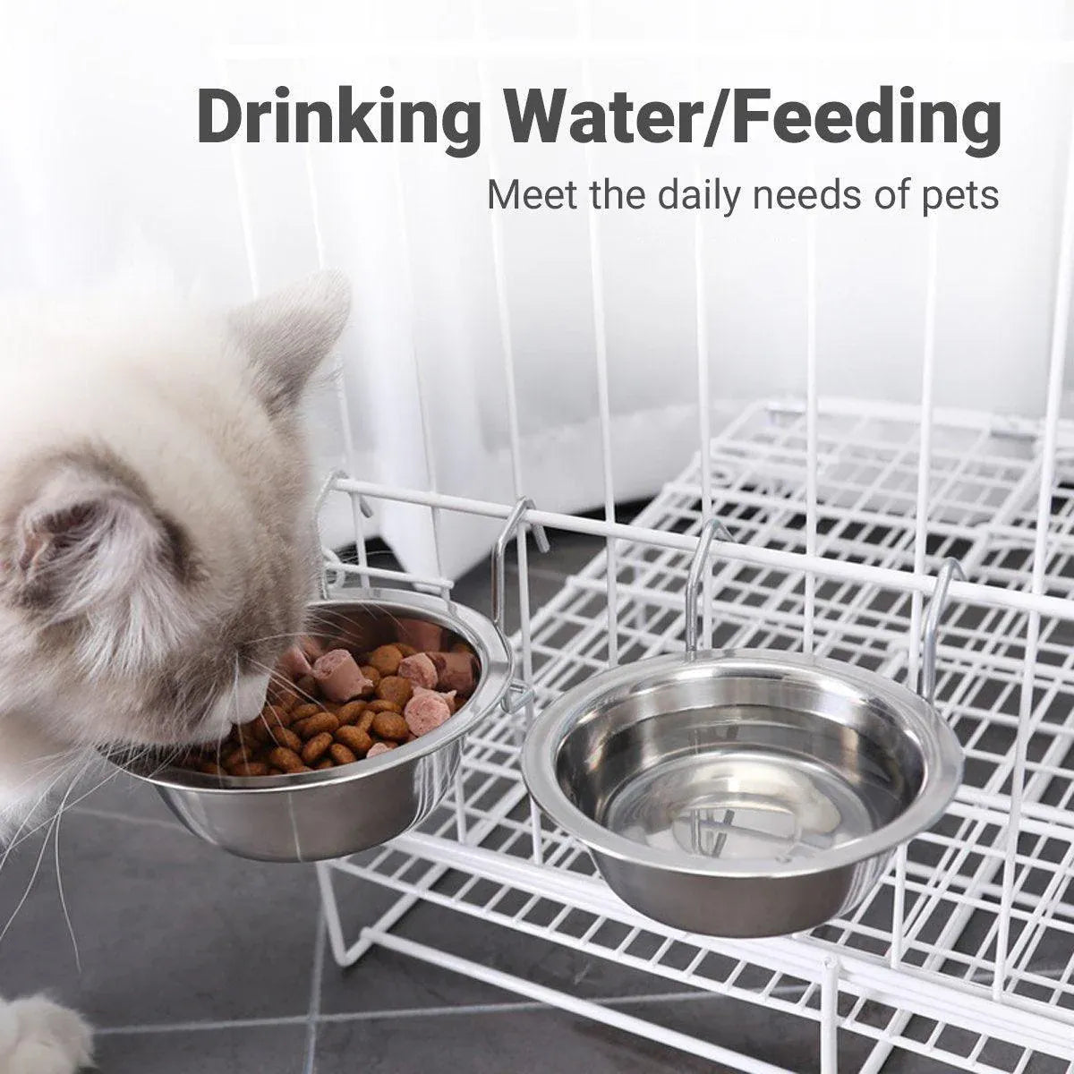 2PCS Pet Bowl Dog Food Cage Crate Water 13CM Hang-on Stainless Steel Metal Cat
