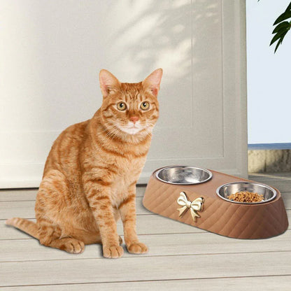 Stainless Steel Double Pet Bowl Non-Slip Anti-Knock Dog Cat Feeder Utensils - White
