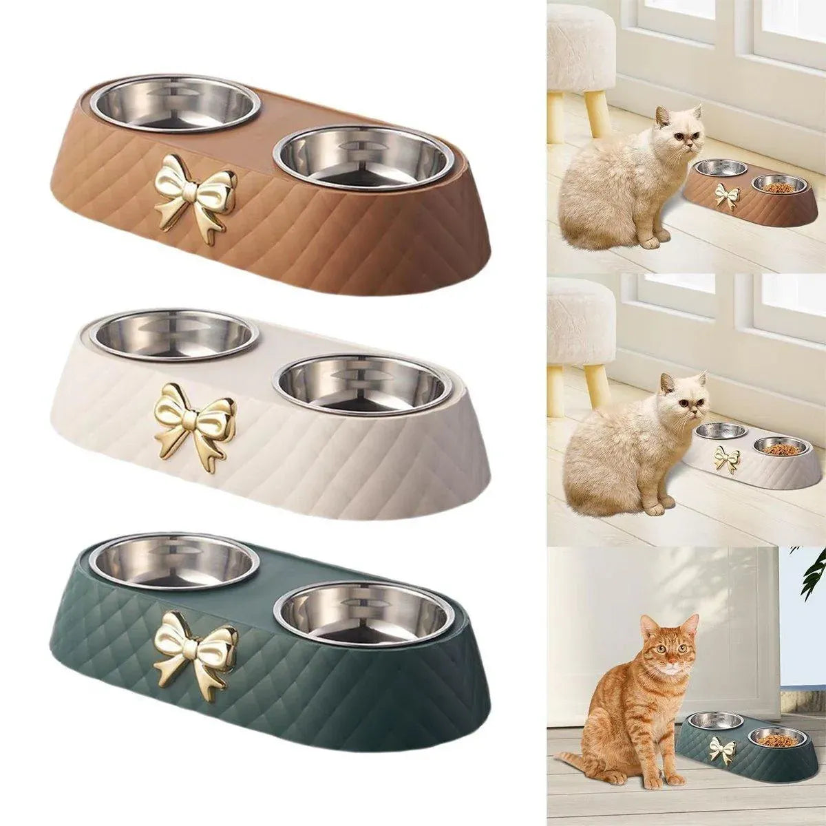 Stainless Steel Double Pet Bowl Non-Slip Anti-Knock Dog Cat Feeder Utensils - White