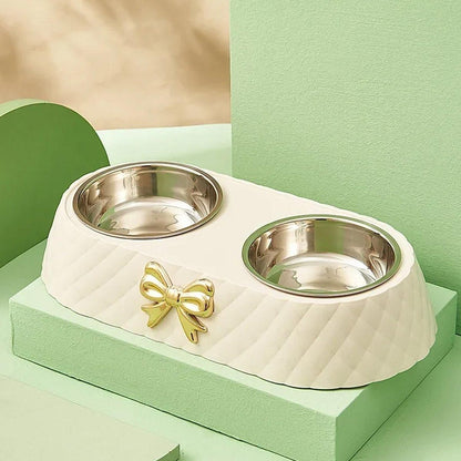 Stainless Steel Double Pet Bowl Non-Slip Anti-Knock Dog Cat Feeder Utensils - White