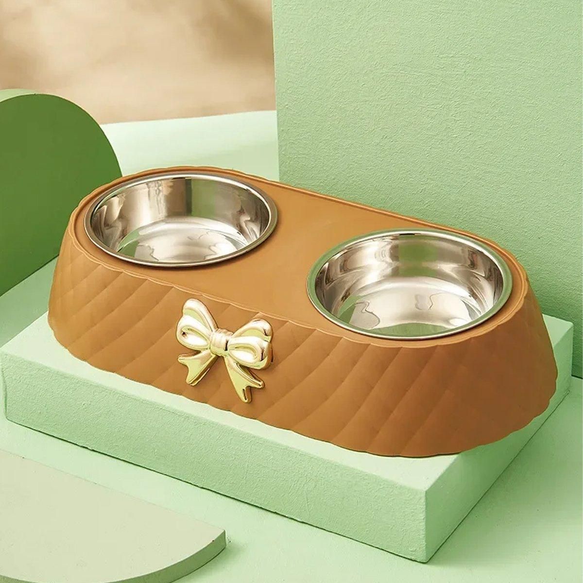 Stainless Steel Double Pet Bowl Non-Slip Anti-Knock Dog Cat Feeder Utensils - White