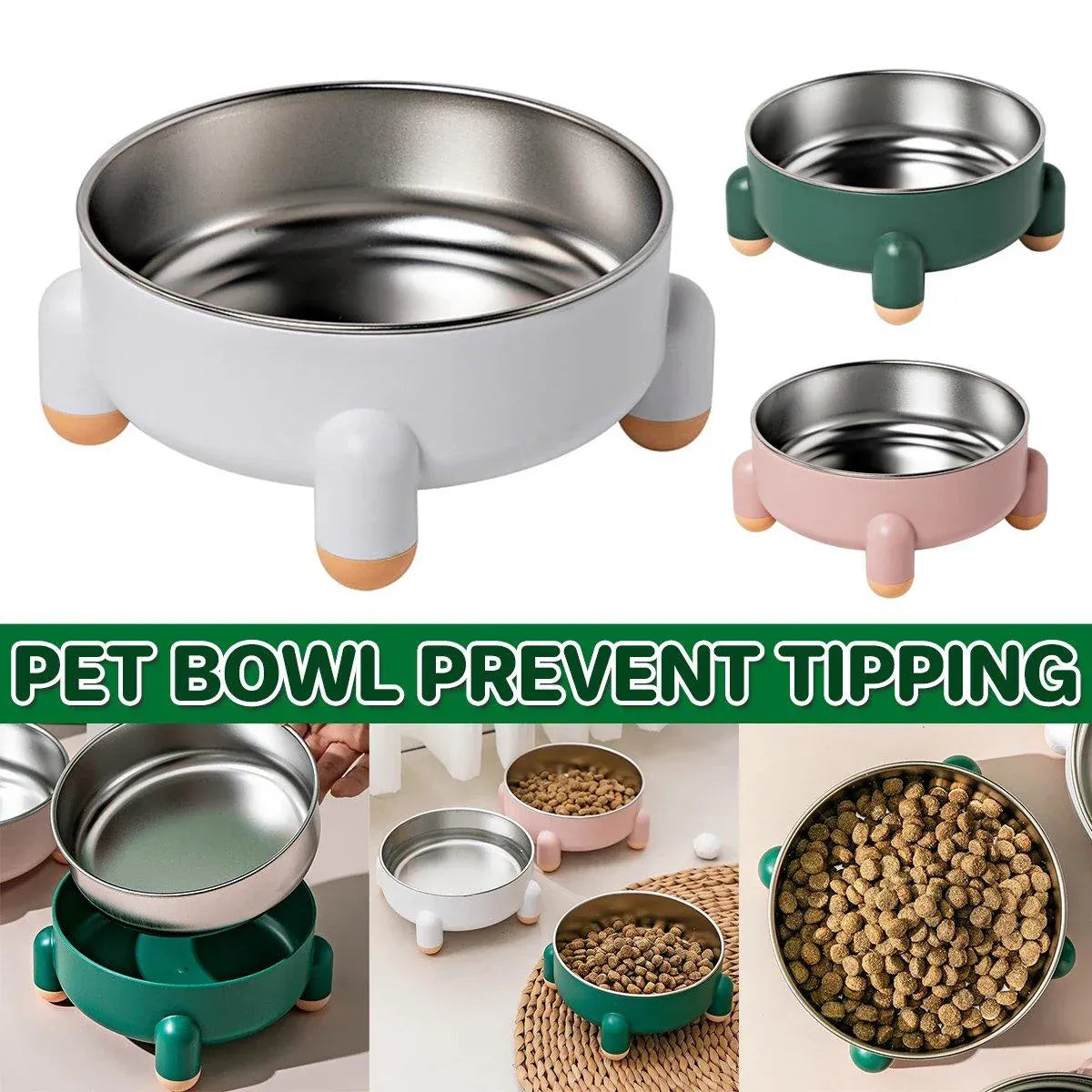 Anti-Tip Stainless Steel Dog Bowl Pet Basin for Dogs Cats Durable Feeding Dish - Green