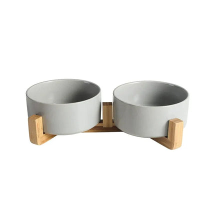 Ceramic Pet Bowl Double Cat Food Bowl Dog Water Bowl Feeding Drinking Bowl Set - Grey