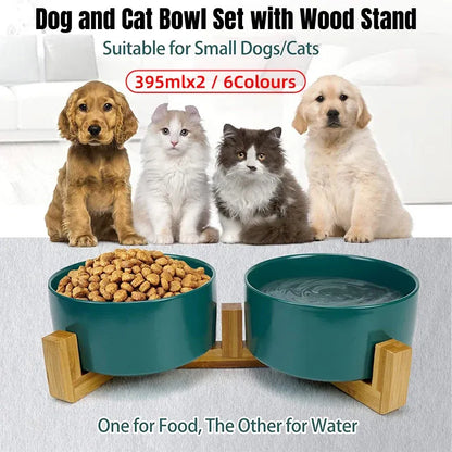 Ceramic Pet Bowl Double Cat Food Bowl Dog Water Bowl Feeding Drinking Bowl Set - Grey