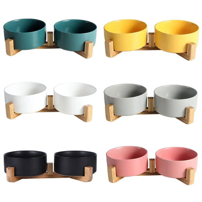 Ceramic Pet Bowl Double Cat Food Bowl Dog Water Bowl Feeding Drinking Bowl Set - Grey