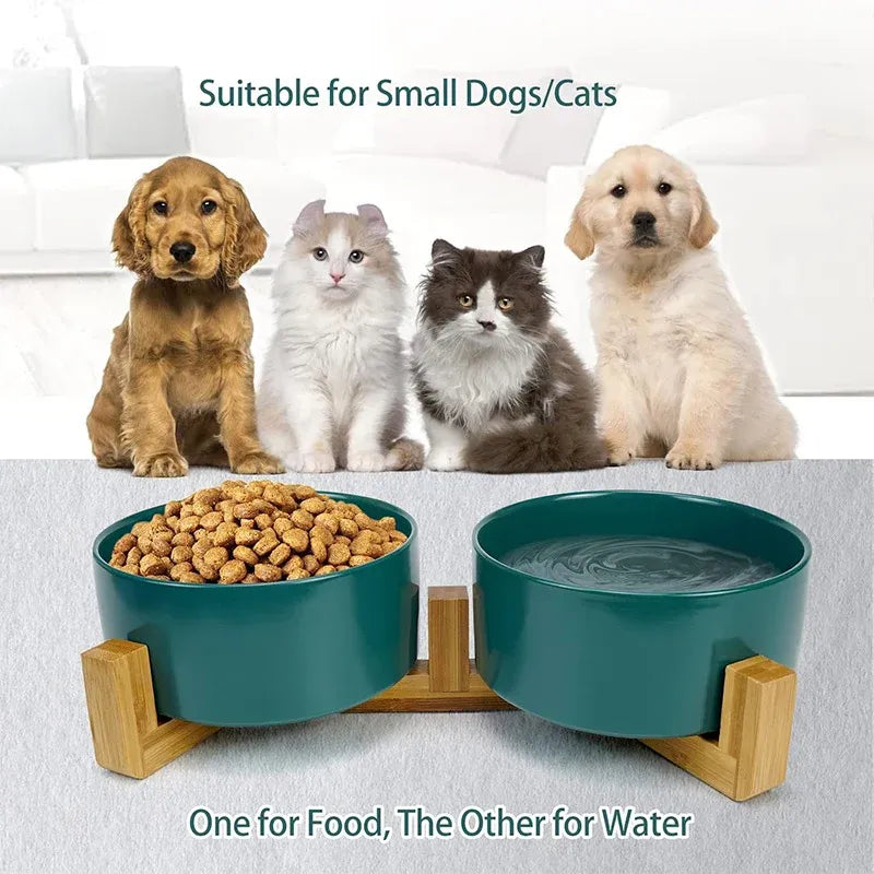 Ceramic Pet Bowl Double Cat Food Bowl Dog Water Bowl Feeding Drinking Bowl Set - Grey