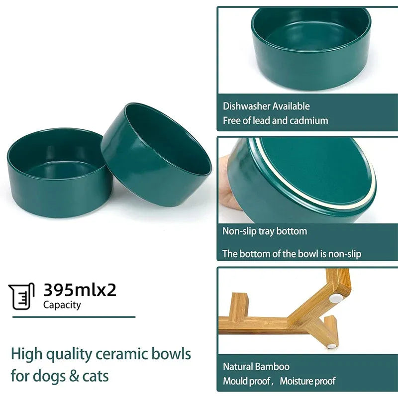 Ceramic Pet Bowl Double Cat Food Bowl Dog Water Bowl Feeding Drinking Bowl Set - Grey