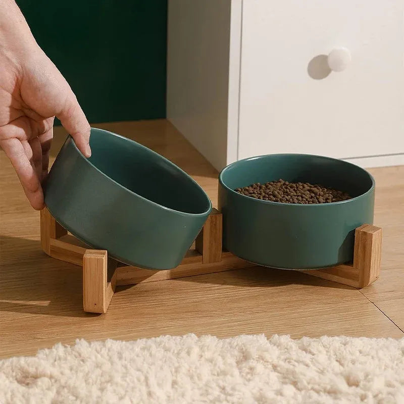 Ceramic Pet Bowl Double Cat Food Bowl Dog Water Bowl Feeding Drinking Bowl Set - Grey