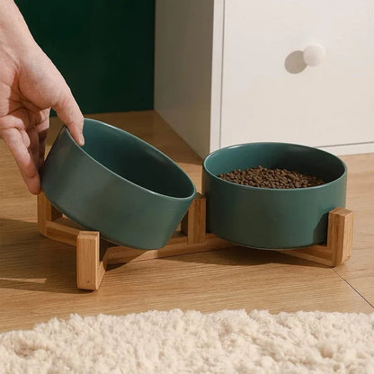 Ceramic Pet Bowl Double Cat Food Bowl Dog Water Bowl Feeding Drinking Bowl Set - Grey