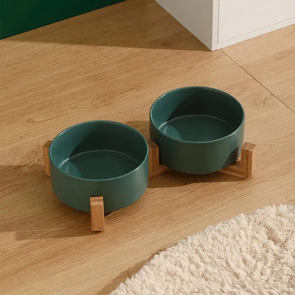 Ceramic Pet Bowl Double Cat Food Bowl Dog Water Bowl Feeding Drinking Bowl Set - Grey