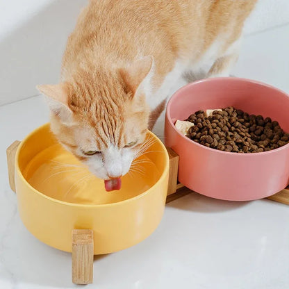 Ceramic Pet Bowl Double Cat Food Bowl Dog Water Bowl Feeding Drinking Bowl Set - Grey