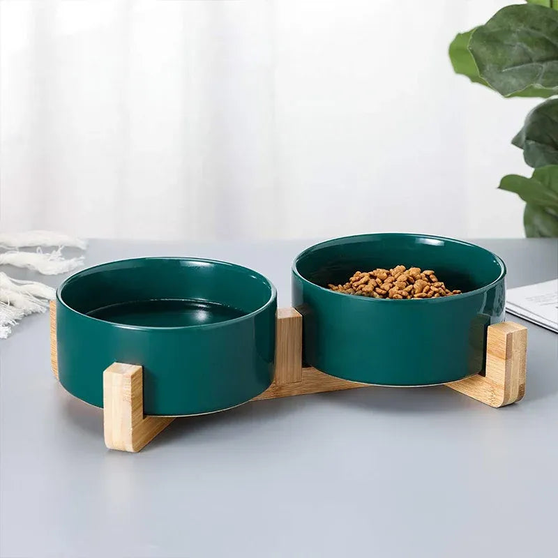 Ceramic Pet Bowl Double Cat Food Bowl Dog Water Bowl Feeding Drinking Bowl Set - Grey