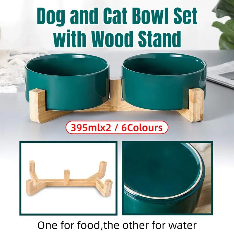 Ceramic Pet Bowl Double Cat Food Bowl Dog Water Bowl Feeding Drinking Bowl Set - Grey