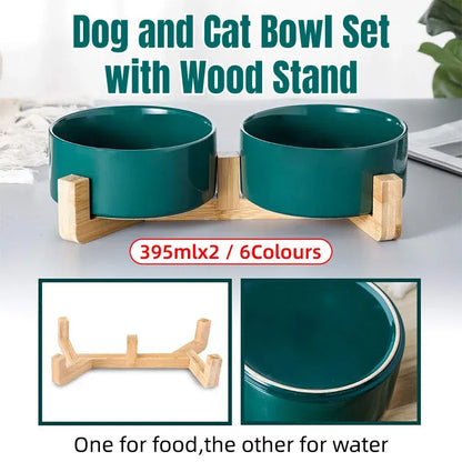 Ceramic Pet Bowl Double Cat Food Bowl Dog Water Bowl Feeding Drinking Bowl Set - Grey