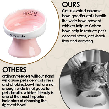 Tall Raised Ceramic Pet Bowl for Cats and Small Dogs in Blue or Pink - Pink
