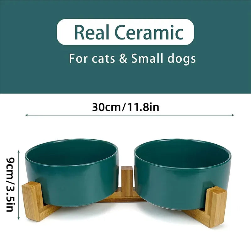 Ceramic Pet Bowl Double Cat Food Bowl Dog Water Bowl Feeding Drinking Bowl Set - White