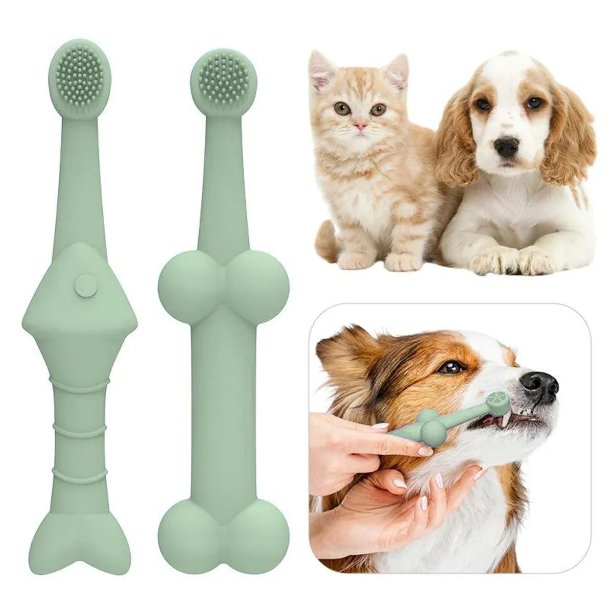 2PCS Pet Toothbrush Double for Dogs Cats Puppies Oral Hygiene Teeth Cleaning - Green