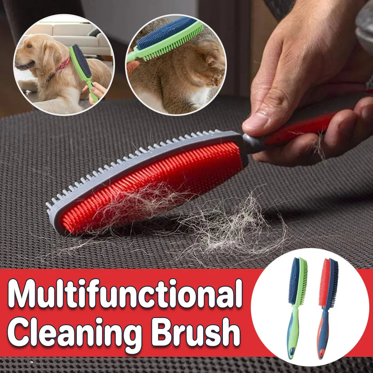 Pet Hair Removal Brush Multi-functional Cleaning Brush For Dog Cat Dust Removal - Red