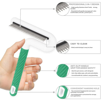 T Type Pet Grooming Rake Comb Stainless Steel for Dogs Cats Hair Length Control - Green