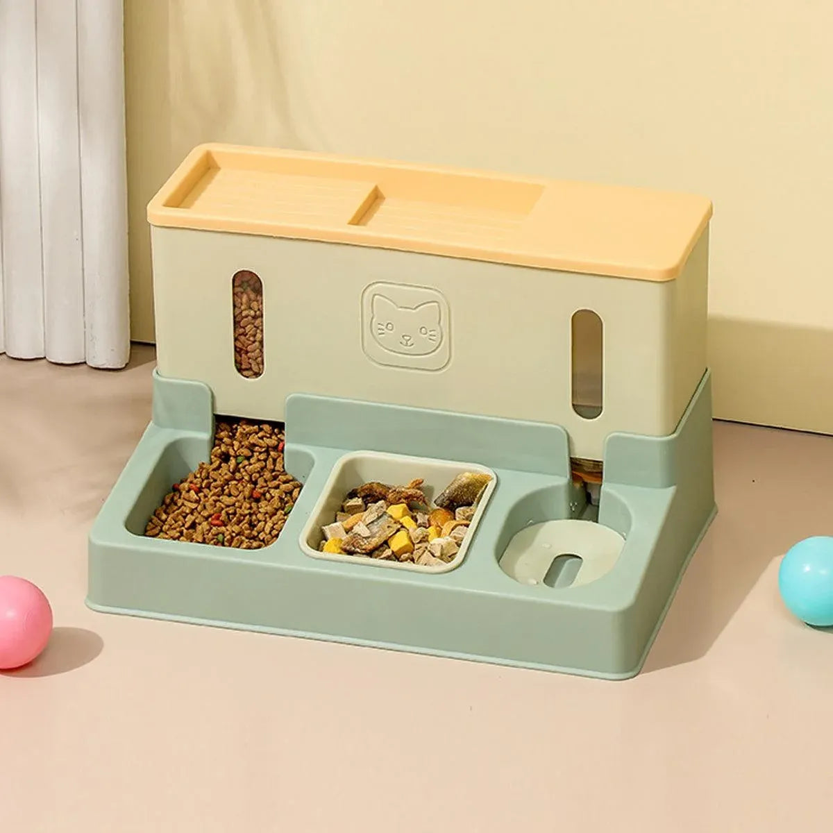 All in One Pet Feeding Bowl Cat Dog Water and Food Feeder Automatic Dispenser - Green