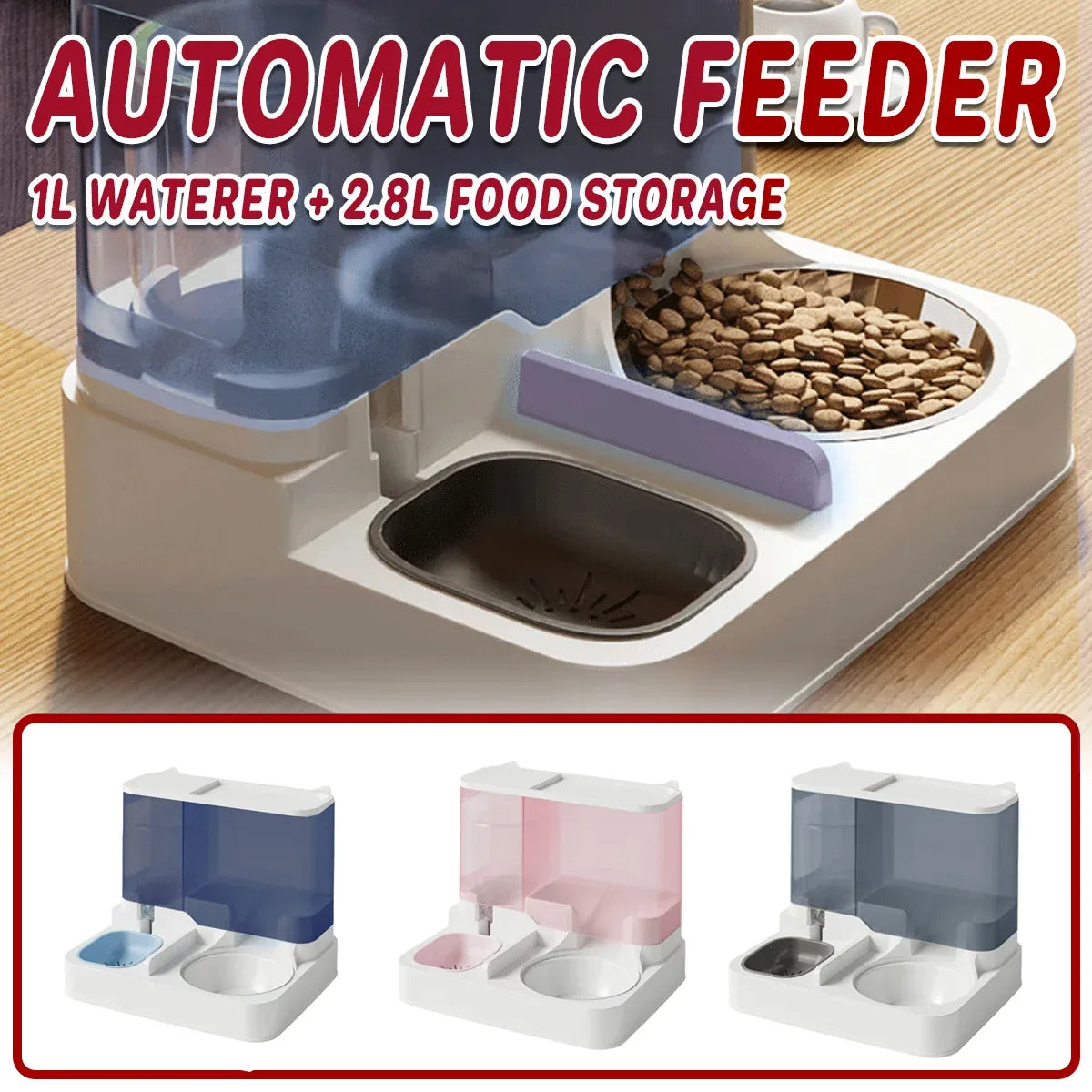 Automatic Cat Feeder Water Dispenser All in One Plastic Bowl for Cats and Dogs - Pink