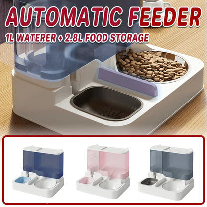 Automatic Cat Feeder Water Dispenser All in One Plastic Bowl for Cats and Dogs - Pink