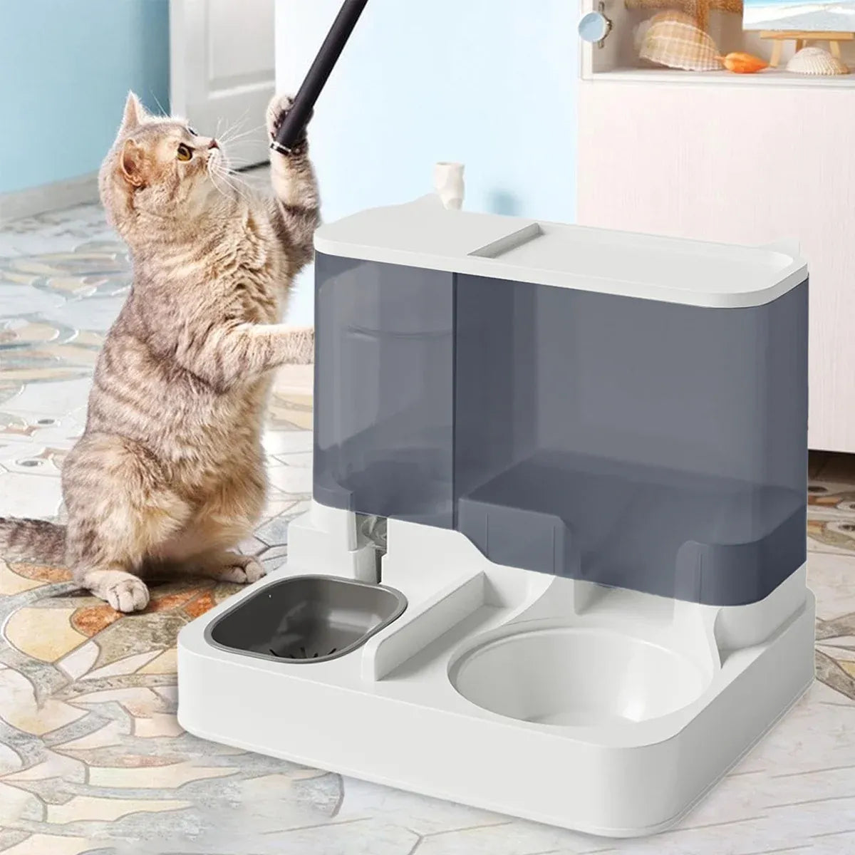 Automatic Cat Feeder Water Dispenser All in One Plastic Bowl for Cats and Dogs - Pink