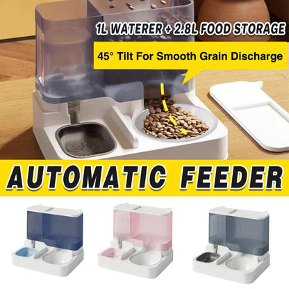 Automatic Cat Feeder Water Dispenser All in One Plastic Bowl for Cats and Dogs - Pink
