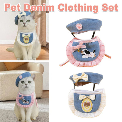 Pet Clothes Set Lace Bib with Hat Soft Cotton for Dogs Cats Wear Decoration - Pink
