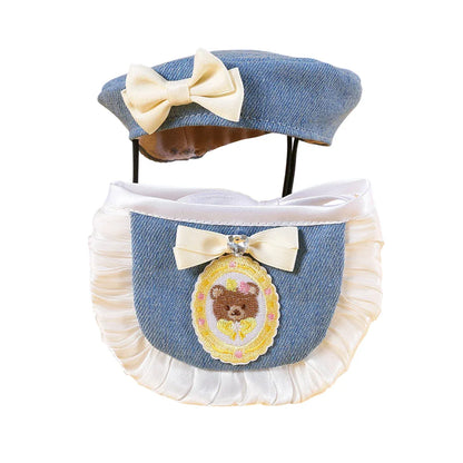 Pet Clothes Set Lace Bib with Hat Soft Cotton for Dogs Cats Wear Decoration - White