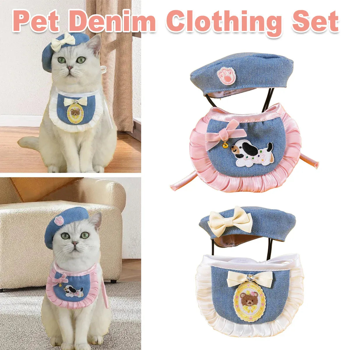 Pet Clothes Set Lace Bib with Hat Soft Cotton for Dogs Cats Wear Decoration - White