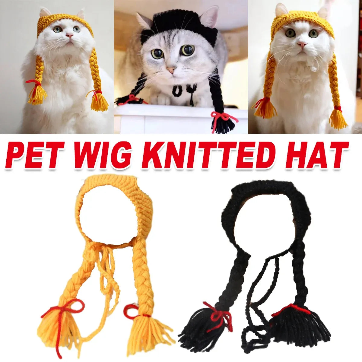 Cat Headwear Handmade Braid Hat Cat Wig Hat Cat Hair Accessory Pet Decoration - Black
