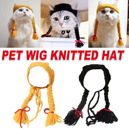 Cat Headwear Handmade Braid Hat Cat Wig Hat Cat Hair Accessory Pet Decoration - Black
