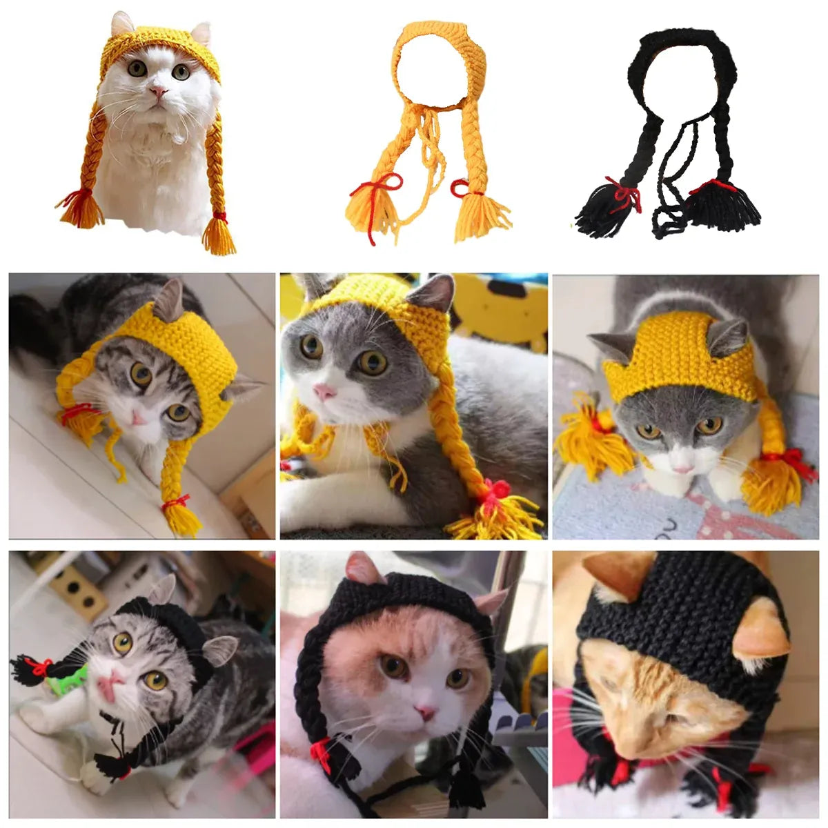 Cat Headwear Handmade Braid Hat Cat Wig Hat Cat Hair Accessory Pet Decoration - Black