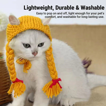 Cat Headwear Handmade Braid Hat Cat Wig Hat Cat Hair Accessory Pet Decoration - Black