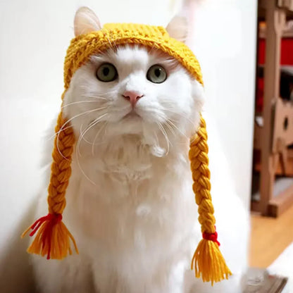 Cat Headwear Handmade Braid Hat Cat Wig Hat Cat Hair Accessory Pet Decoration - Black