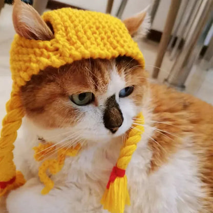 Cat Headwear Handmade Braid Hat Cat Wig Hat Cat Hair Accessory Pet Decoration - Yellow
