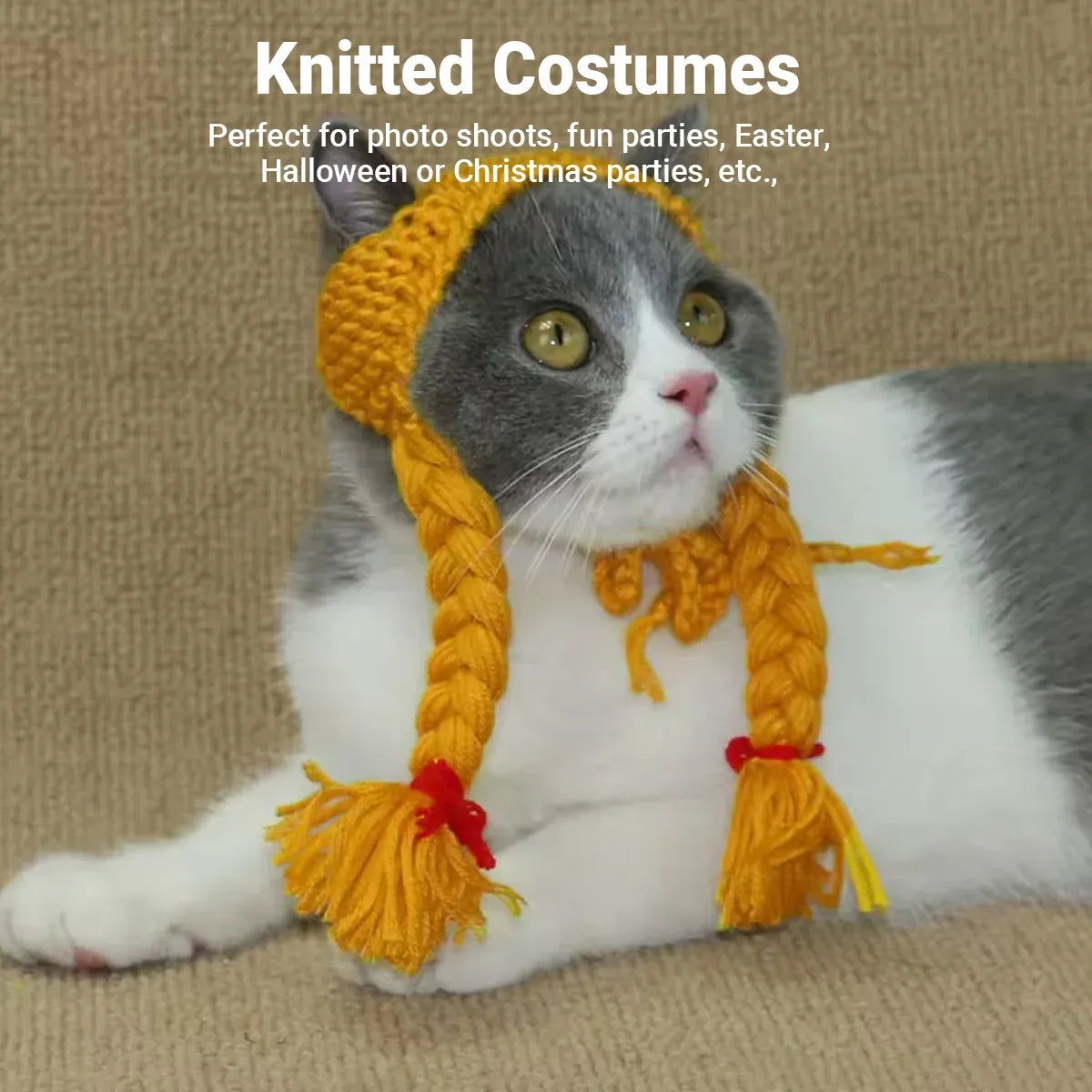 Cat Headwear Handmade Braid Hat Cat Wig Hat Cat Hair Accessory Pet Decoration - Yellow