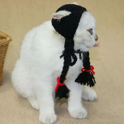 Cat Headwear Handmade Braid Hat Cat Wig Hat Cat Hair Accessory Pet Decoration - Yellow
