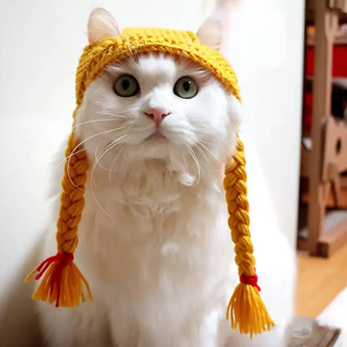 Cat Headwear Handmade Braid Hat Cat Wig Hat Cat Hair Accessory Pet Decoration - Yellow