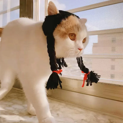 Cat Headwear Handmade Braid Hat Cat Wig Hat Cat Hair Accessory Pet Decoration - Yellow