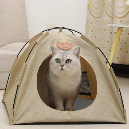 Folding Camping Pet Tent for Cats Puppy Bed Indoor Cat Nest Dog Cave Style House - Beige