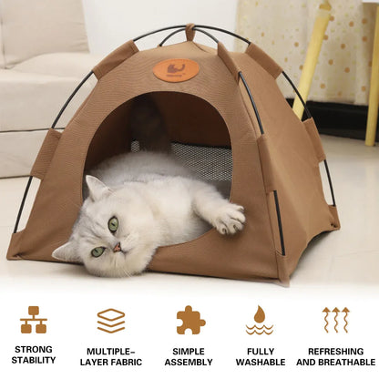 Folding Camping Pet Tent for Cats Puppy Bed Indoor Cat Nest Dog Cave Style House - Beige