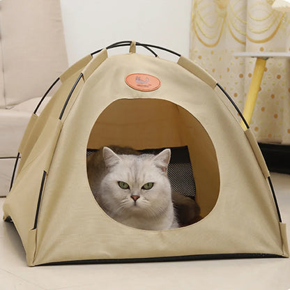 Folding Camping Pet Tent for Cats Puppy Bed Indoor Cat Nest Dog Cave Style House - Beige