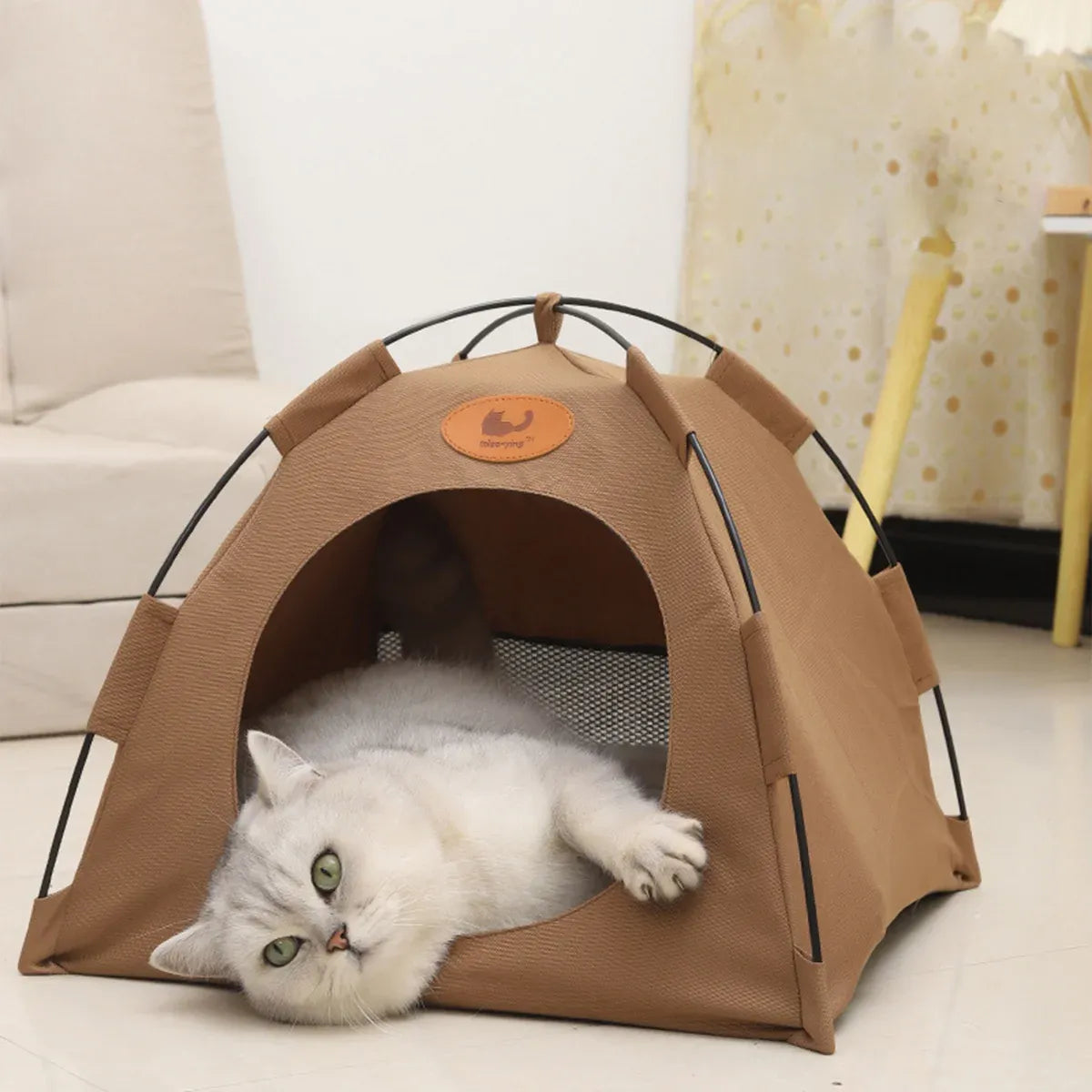 Folding Camping Pet Tent for Cats Puppy Bed Indoor Cat Nest Dog Cave Style House - Beige