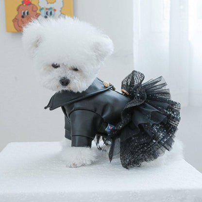 Autumn Winter Pet Dog Cat Dress Faux Leather Sequin Skirt Outfit for Small Dogs - XS